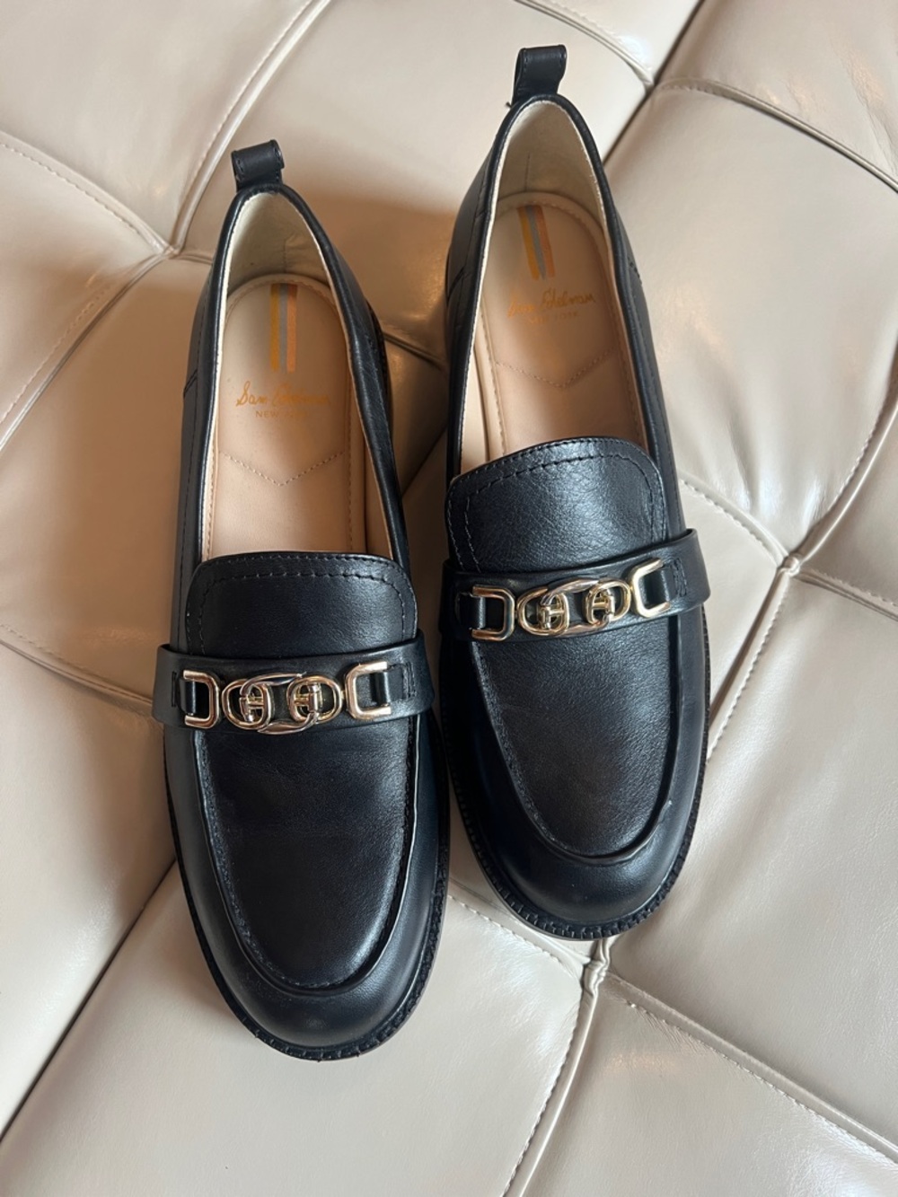 Sam Edelman Black Loafers with Gold Logo and Cream Insole